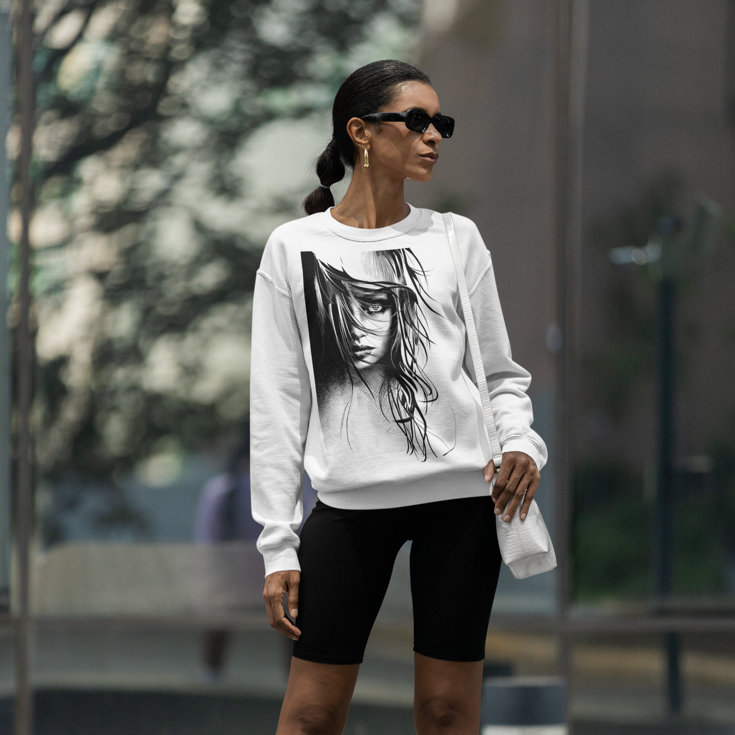 Flowy hair white crew neck far