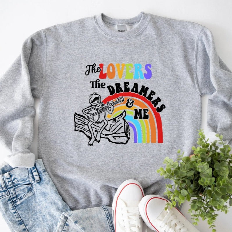grey crewneck rainsbow connection t shirt
