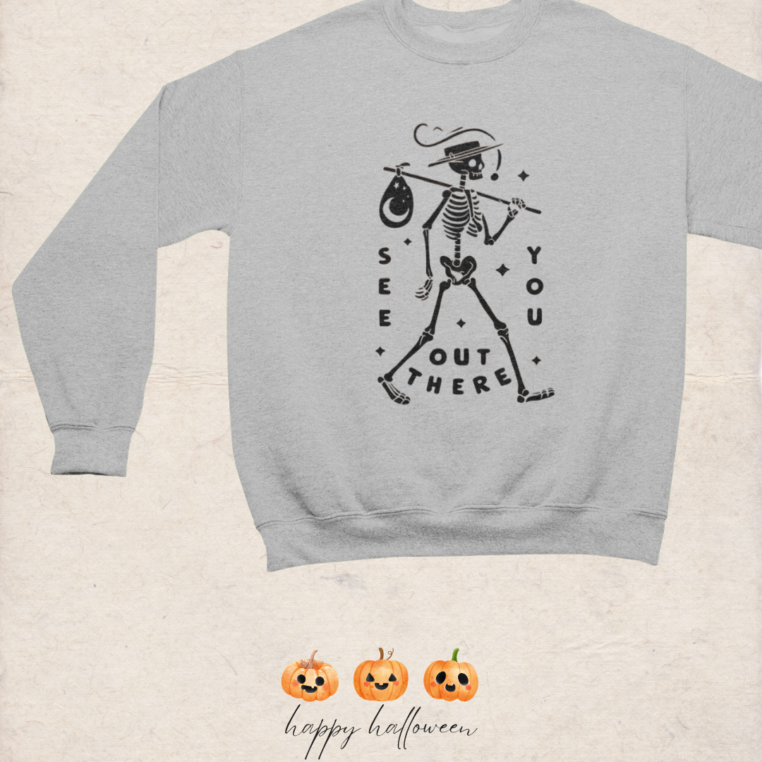 a gray sweater with a skeleton holding a bag