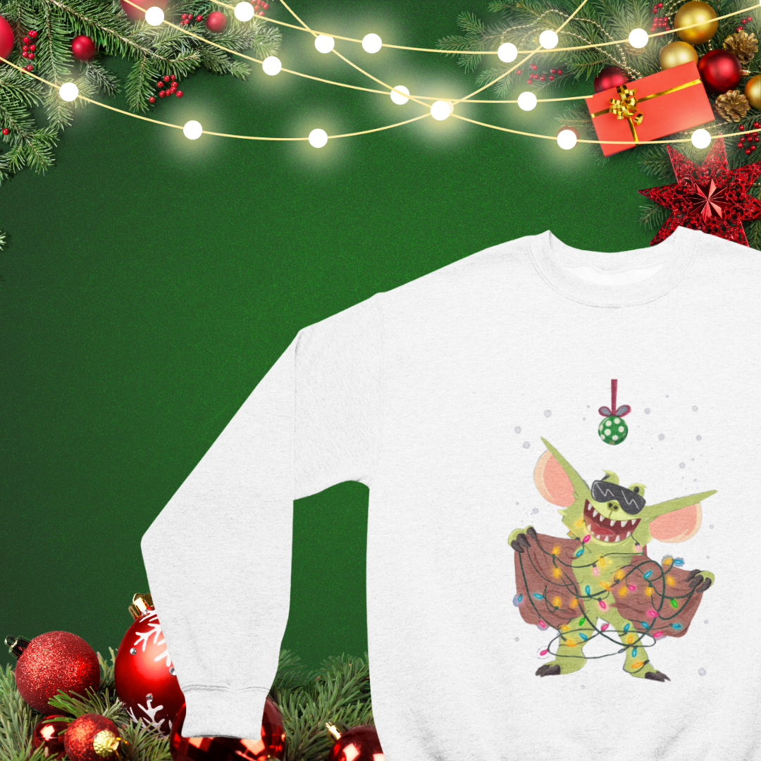 Christmas Gremlin crew neck sweatshirt in festive green featuring a playful gremlin graphic.