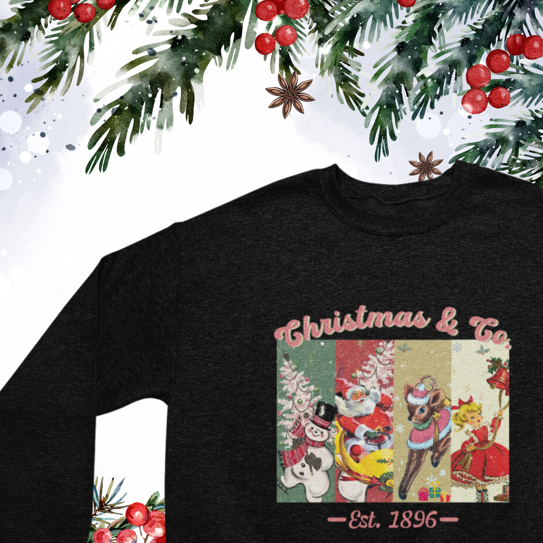 "Vintage Christmas Cartoons crew neck sweatshirt in festive colors featuring classic holiday graphics."
