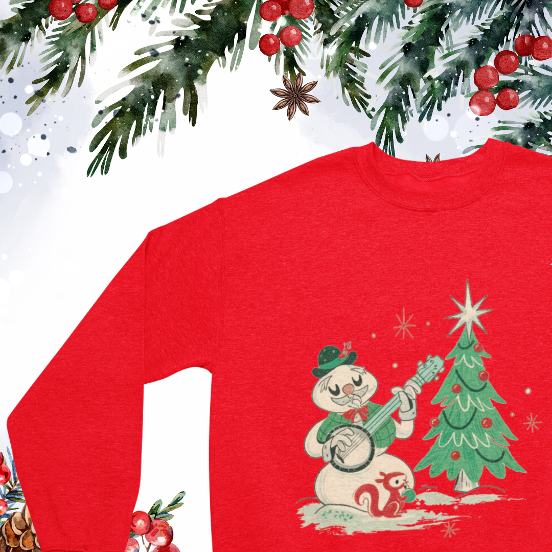 "Close-up of the whimsical snowman playing banjo design on a cozy crew neck sweatshirt."
