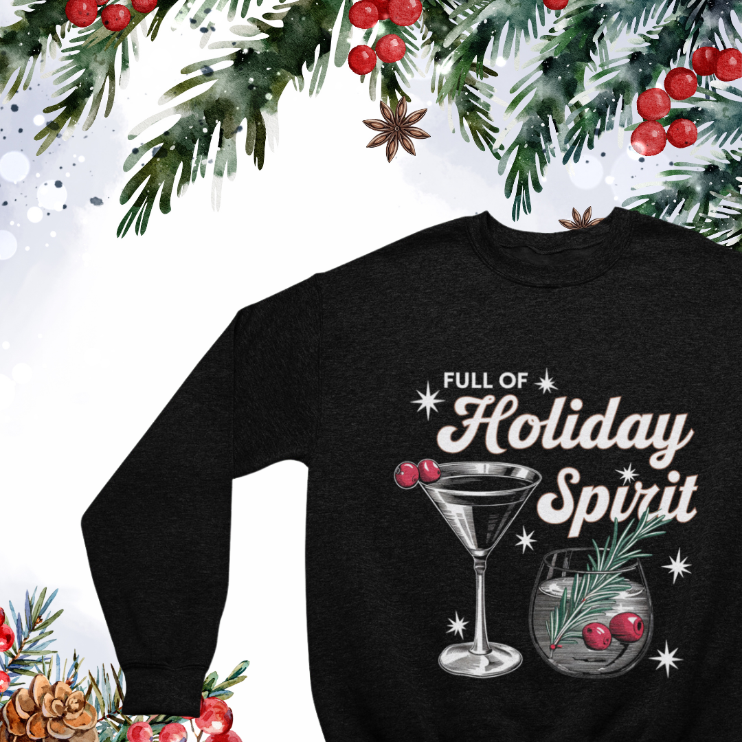 Close-up of the festive graphic on the Holiday Spirits Crew Neck sweatshirt featuring holiday-themed elements."