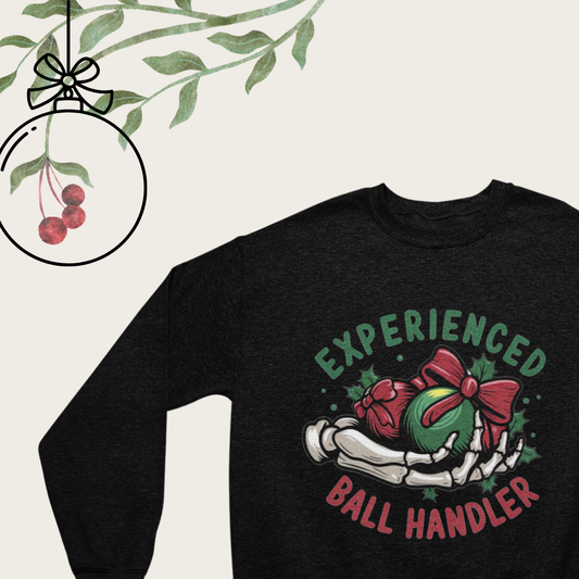 Close-up of the bold graphic on the Experienced Ball Handler Crew Neck sweatshirt, showcasing basketball-themed elements."