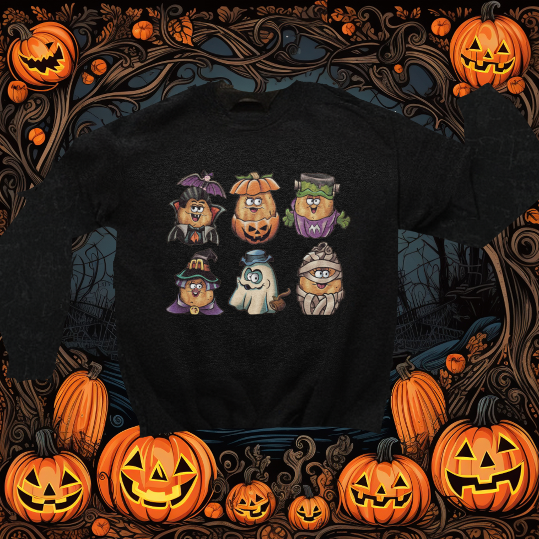 a group of halloween characters on a black shirt