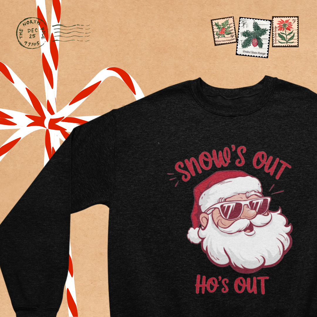 Close-up of the bold graphic on the Snows Out, Hoes Out Crew Neck sweatshirt, showcasing playful lettering.