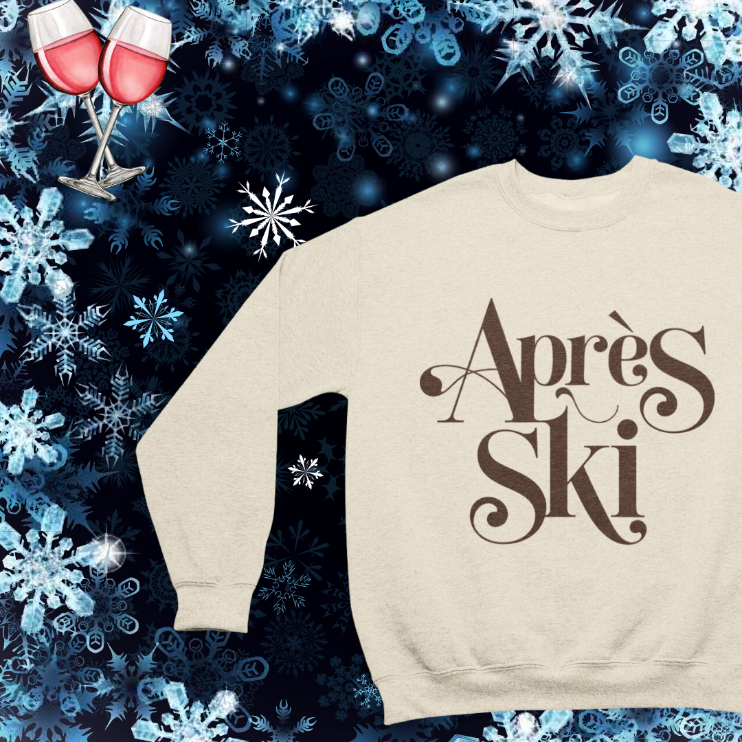 Image of the Après Ski crewneck featuring a stylish graphic and cozy design, perfect for winter outings.