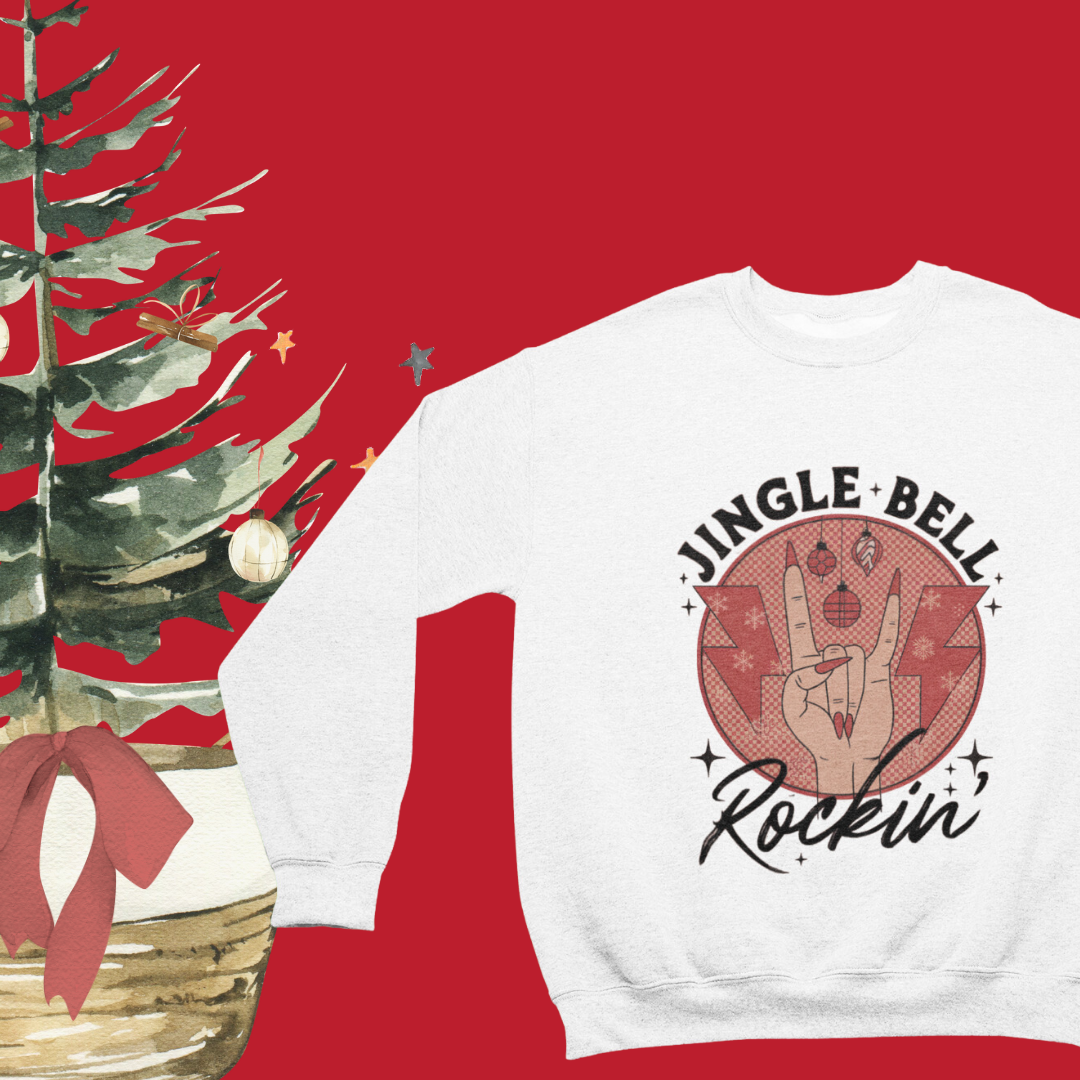 "Jingle Bell Rocking crew neck sweatshirt in festive red with playful holiday graphic.