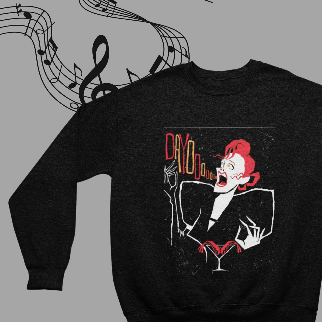 a black sweatshirt with an image of a woman singing