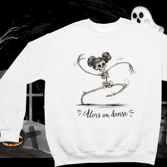 a white sweatshirt with a skeleton on it