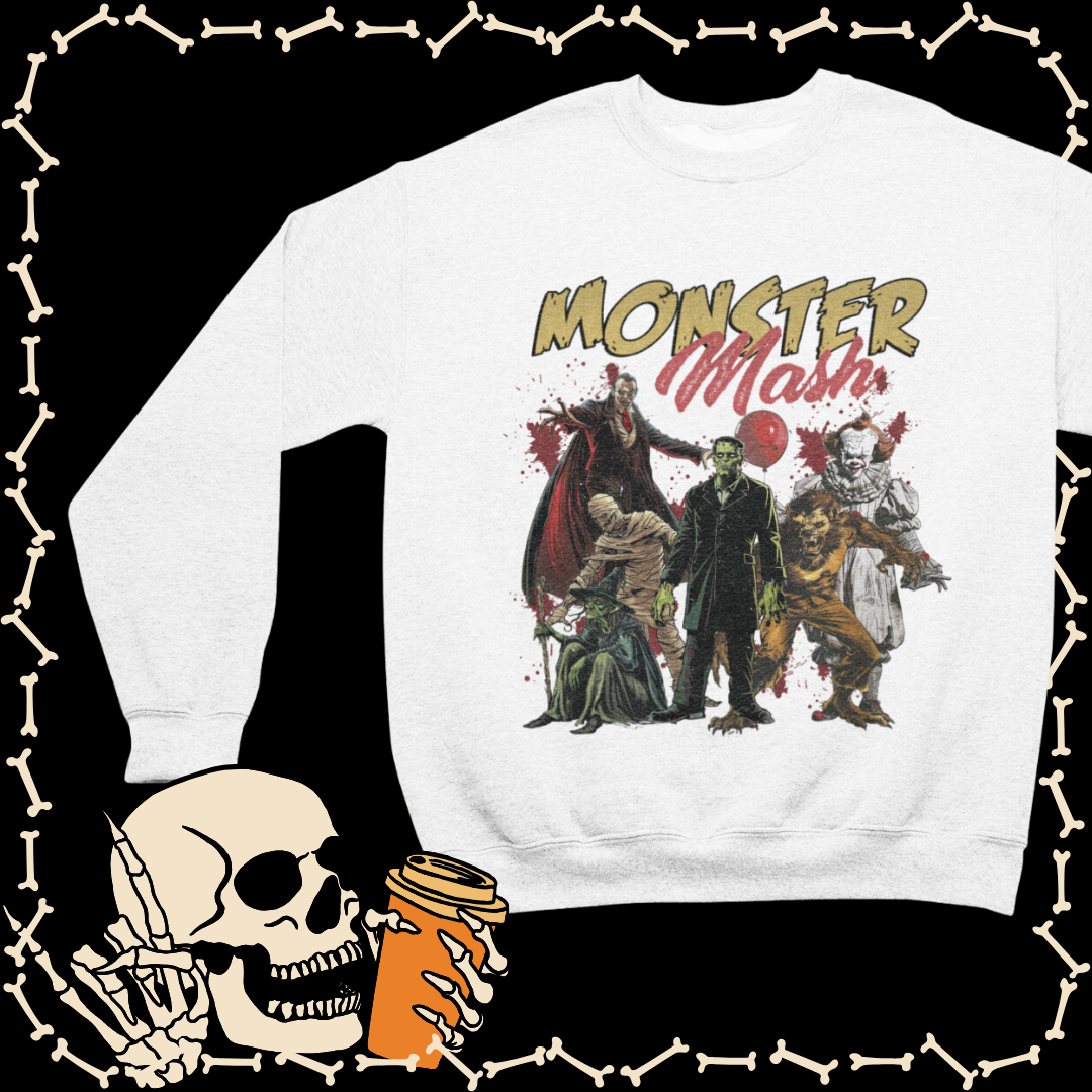 a white sweater with a picture of monsters on it