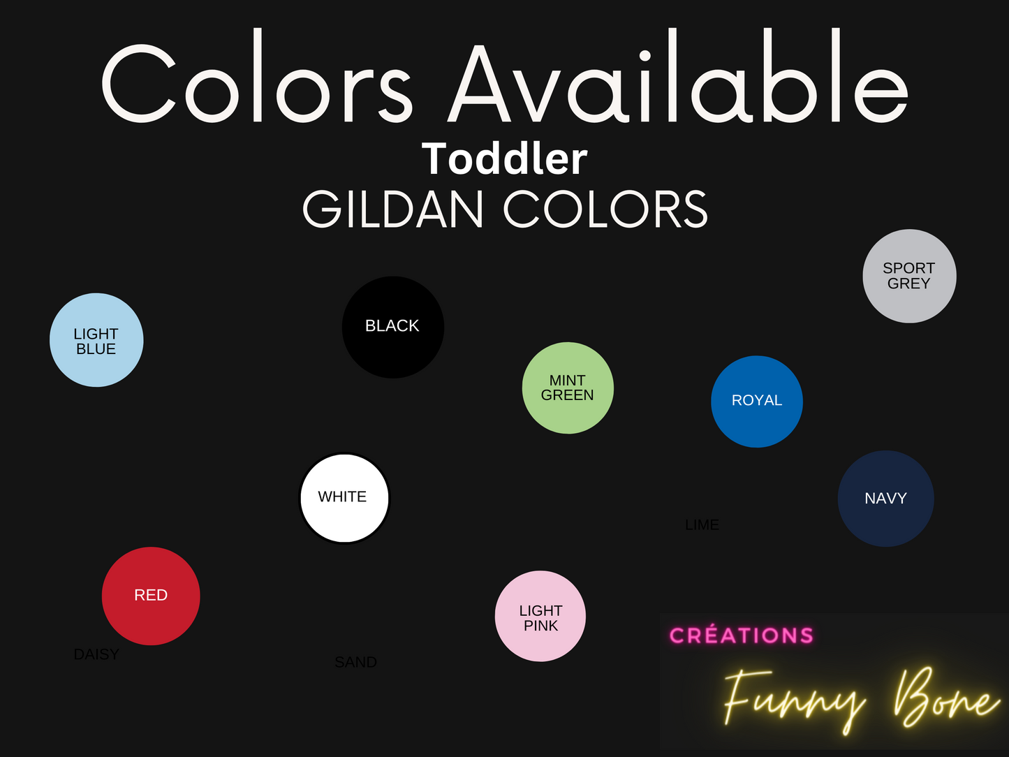 the colors available for the toddler gilan colors