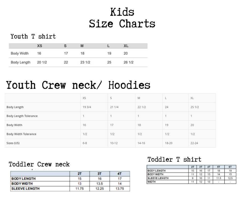 a child's size chart for the youth crew neck hoodies