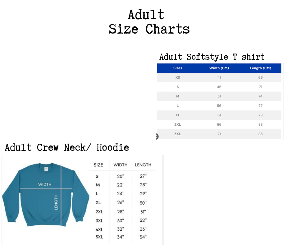 the size chart for the adult crew neck hoodie