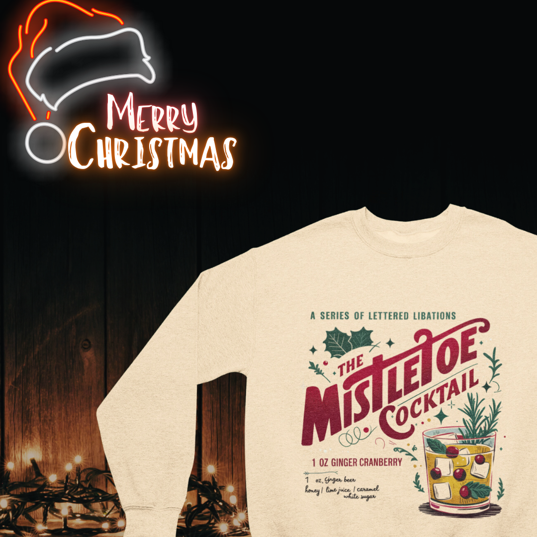 Cozy Mistletoe Cocktail Crewneck Sweatshirt featuring a festive graphic of mistletoe and a cocktail, perfect for holiday celebrations.