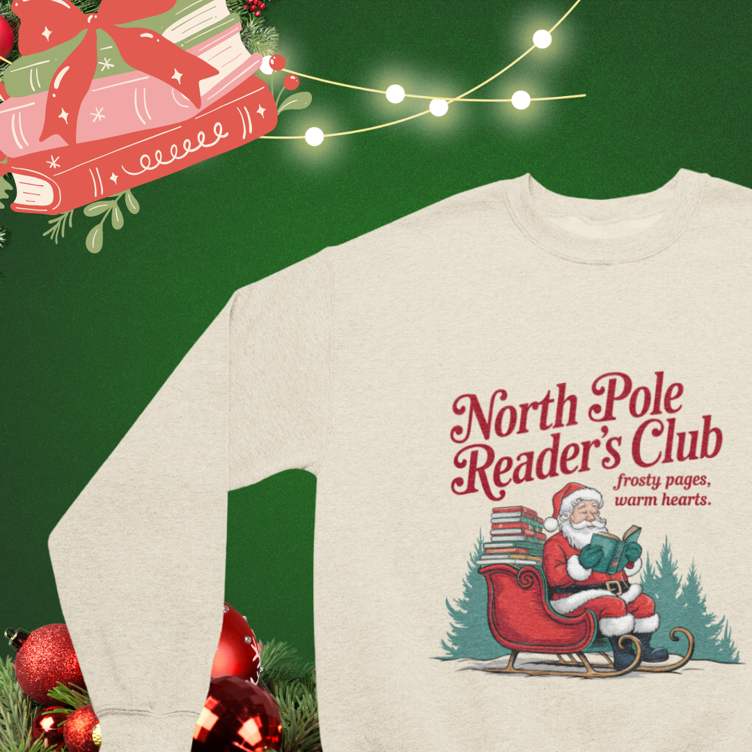 "Cozy North Pole Reading Club Crewneck Sweatshirt featuring a whimsical graphic, perfect for book lovers during the holiday season."



