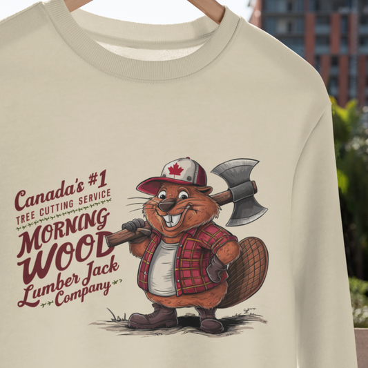 Graphic T-shirt featuring a cartoon beaver wearing a hard hat and holding a saw, with text 'Morning Wood Lumberjack Company' in bold letters. The beaver is surrounded by trees and has a mischievous expression, adding humor to the design.