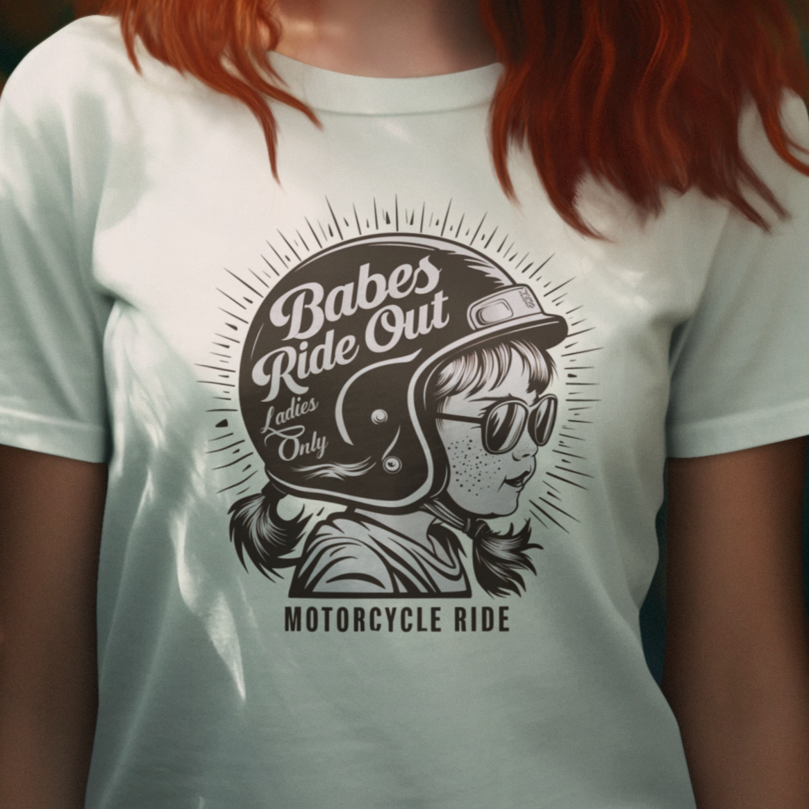 Black t-shirt with moto helmet graphic and 'Babes Ride Out' slogan