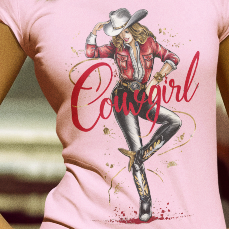 Western-style Cowgirl T-shirt featuring rustic design with cowboy hat and lasso graphic, ideal for casual wear and cowgirl enthusiasts