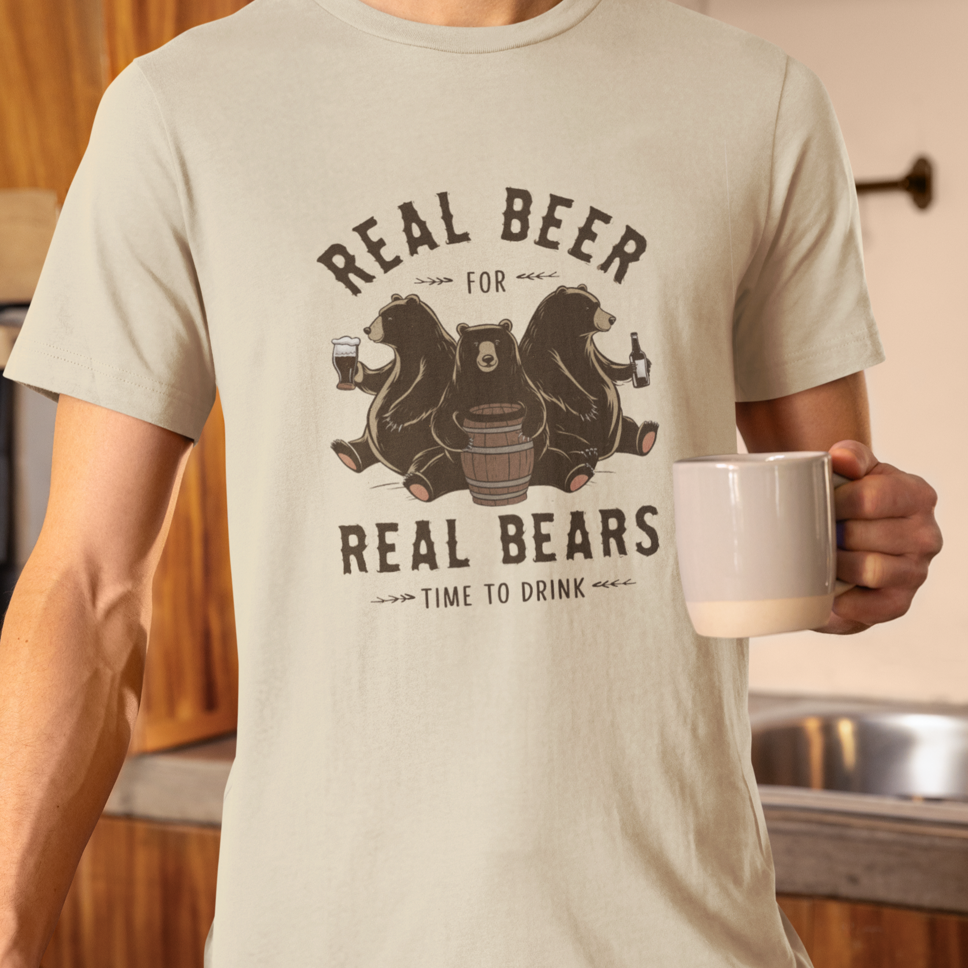 Graphic t-shirt with bear holding a beer mug and text 'Real Beer for Real Bears'