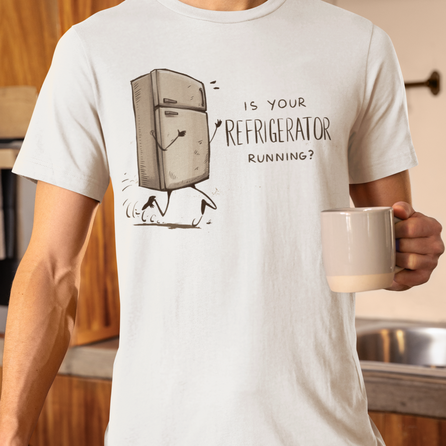 Graphic t-shirt with text 'Is Your Refrigerator Running?' in bold, playful font