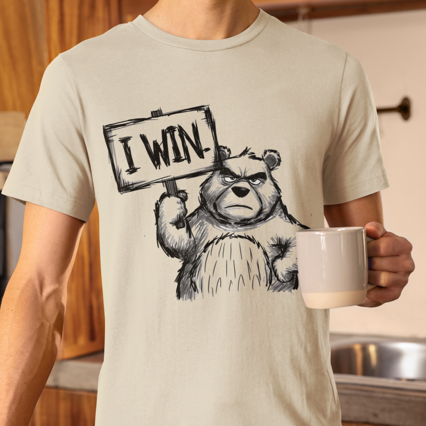 Graphic t-shirt featuring a bear holding a sign that says 'I Win