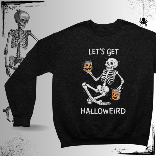 a black sweater with a skeleton holding a pumpkin