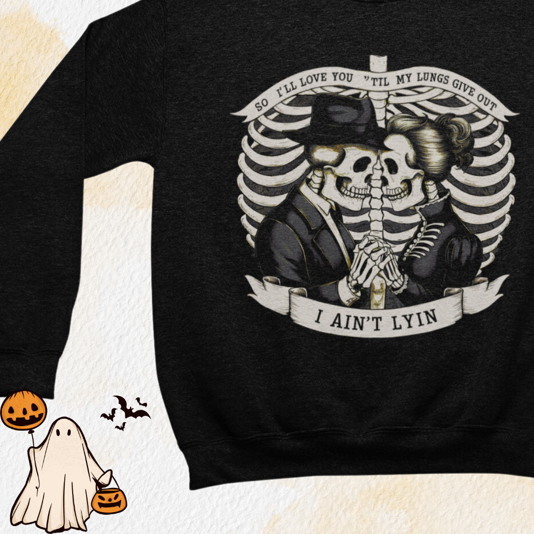 a black sweatshirt with a skeleton wearing a top hat