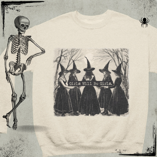 a skeleton is standing next to a t - shirt with witches on it