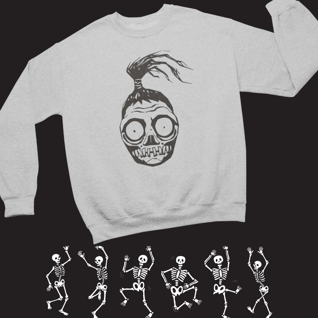 a white sweatshirt with a skeleton on it