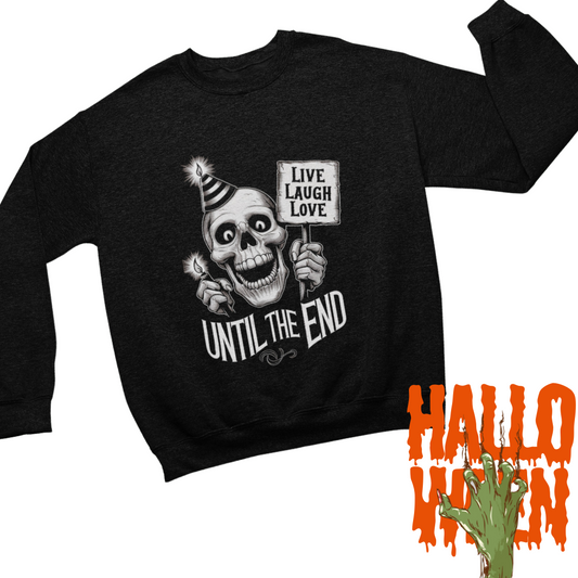 a black sweater with a skeleton holding a sign