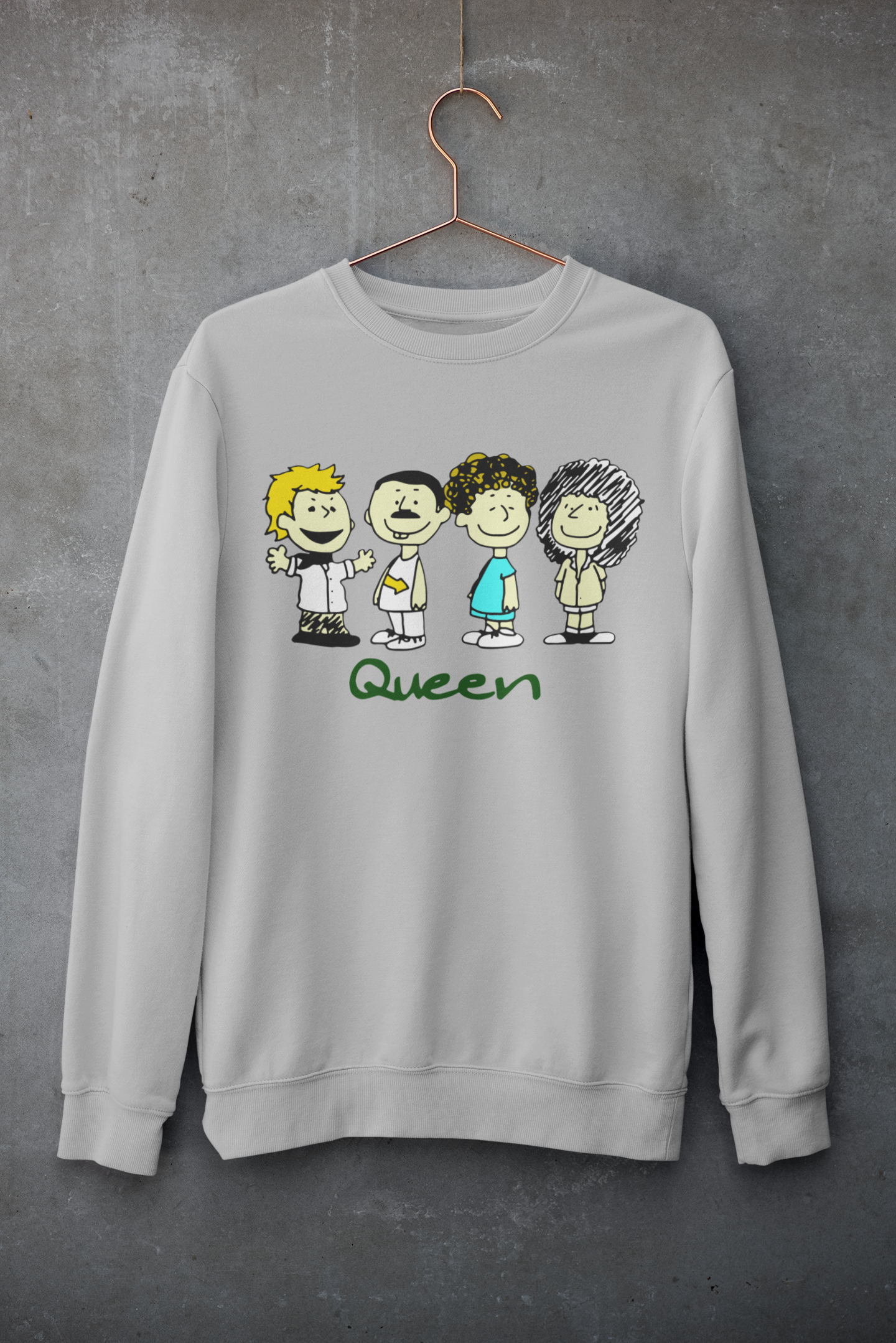 a white sweatshirt with a drawing of a group of people on it