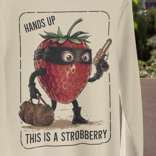 Close-up of the Put Your Hands Up This is a Strawberry T-Shirt, showcasing the detailed and humorous illustration.