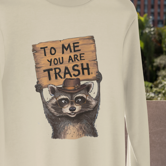 Close-up of the Raccoon 'To Me, You Are Trash' T-Shirt, showcasing the detailed and funny illustration