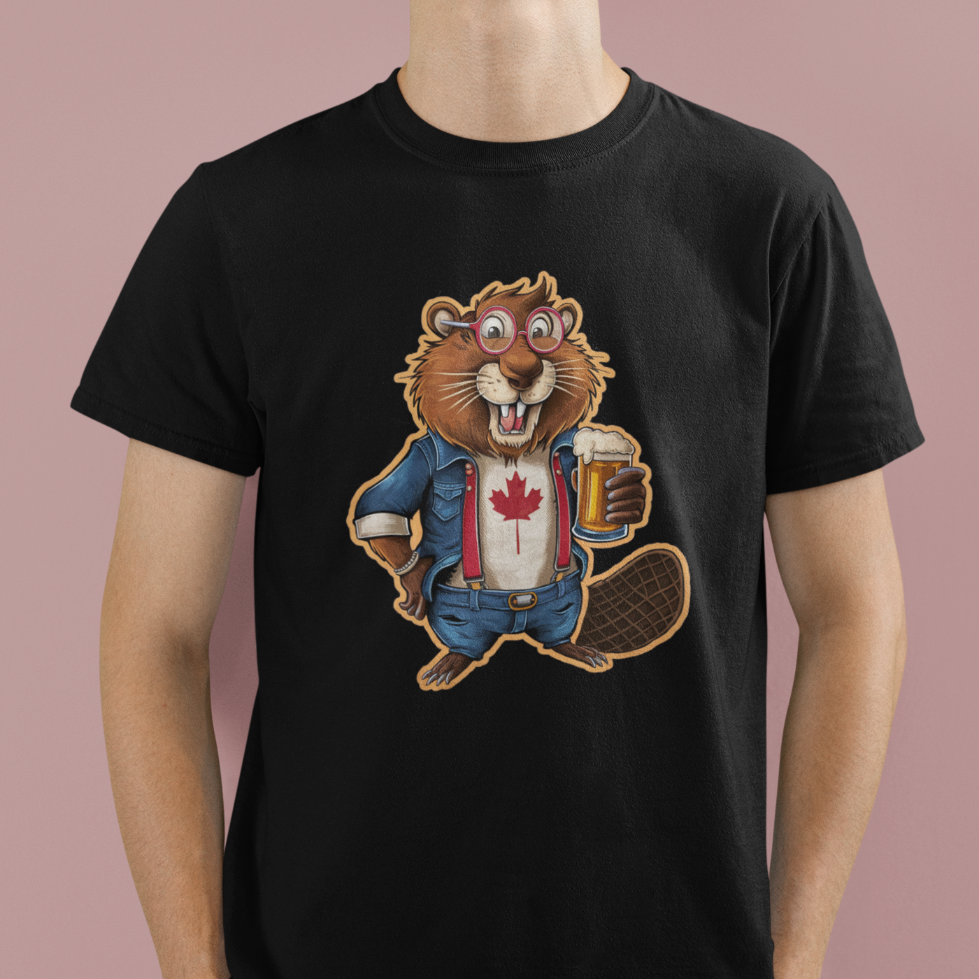 A quirky graphic tee featuring a hipster-styled Canadian beaver wearing glasses and a plaid scarf, representing Canadian coolness and humor