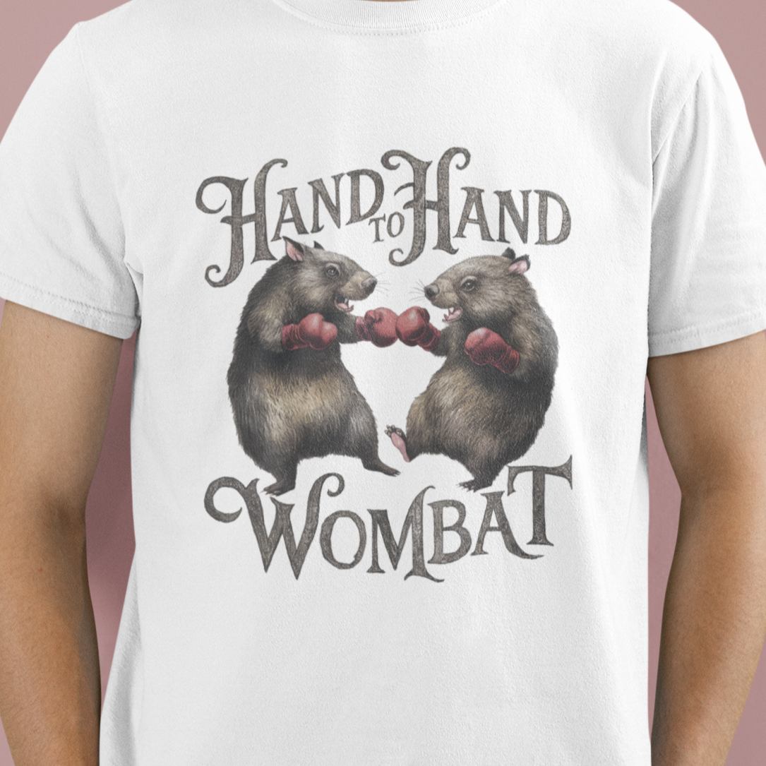 Close-up of the Hand to Hand Wombat Pun T-Shirt, highlighting the detailed and humorous wombat illustration."