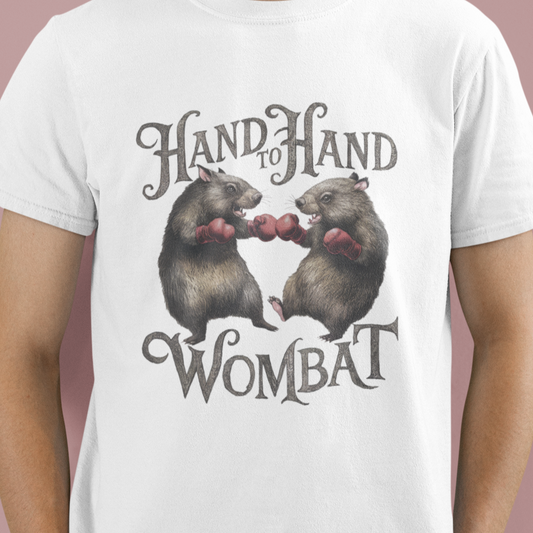 Close-up of the Hand to Hand Wombat Pun T-Shirt, highlighting the detailed and humorous wombat illustration."