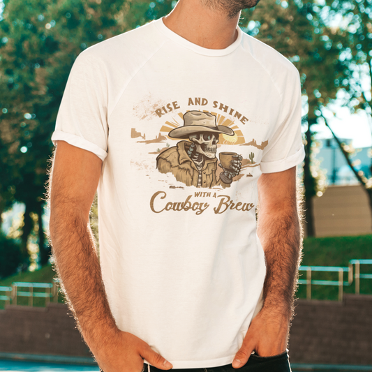 Graphic t-shirt featuring a rustic cowboy boot and coffee mug design