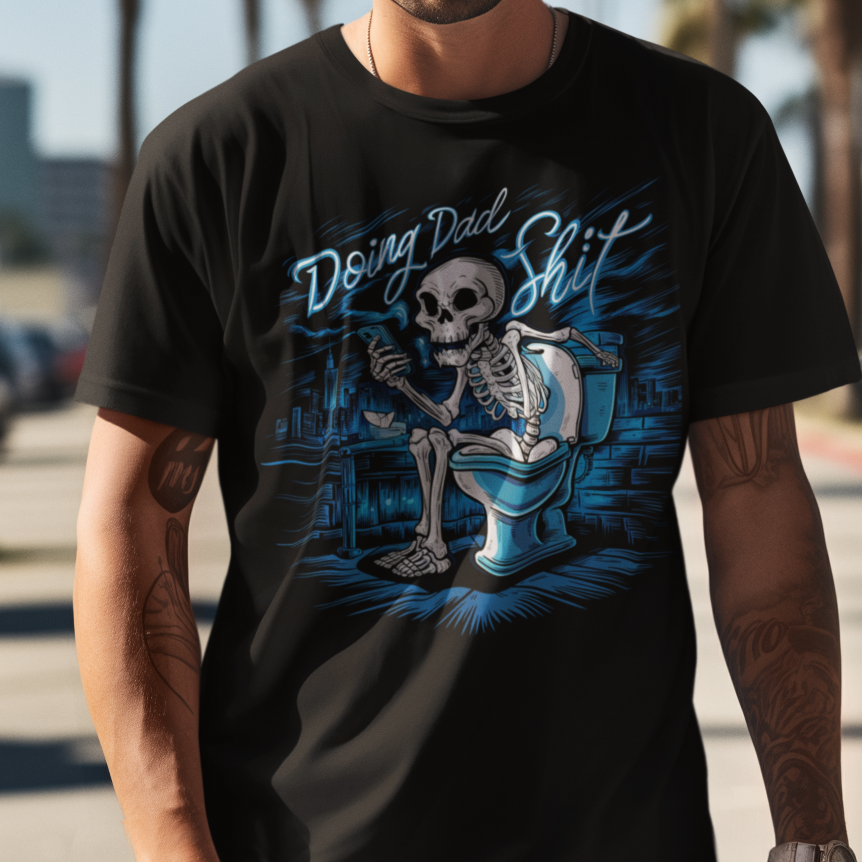 Black T shirt with Skeleton sitting on toilet that says doing dad shit