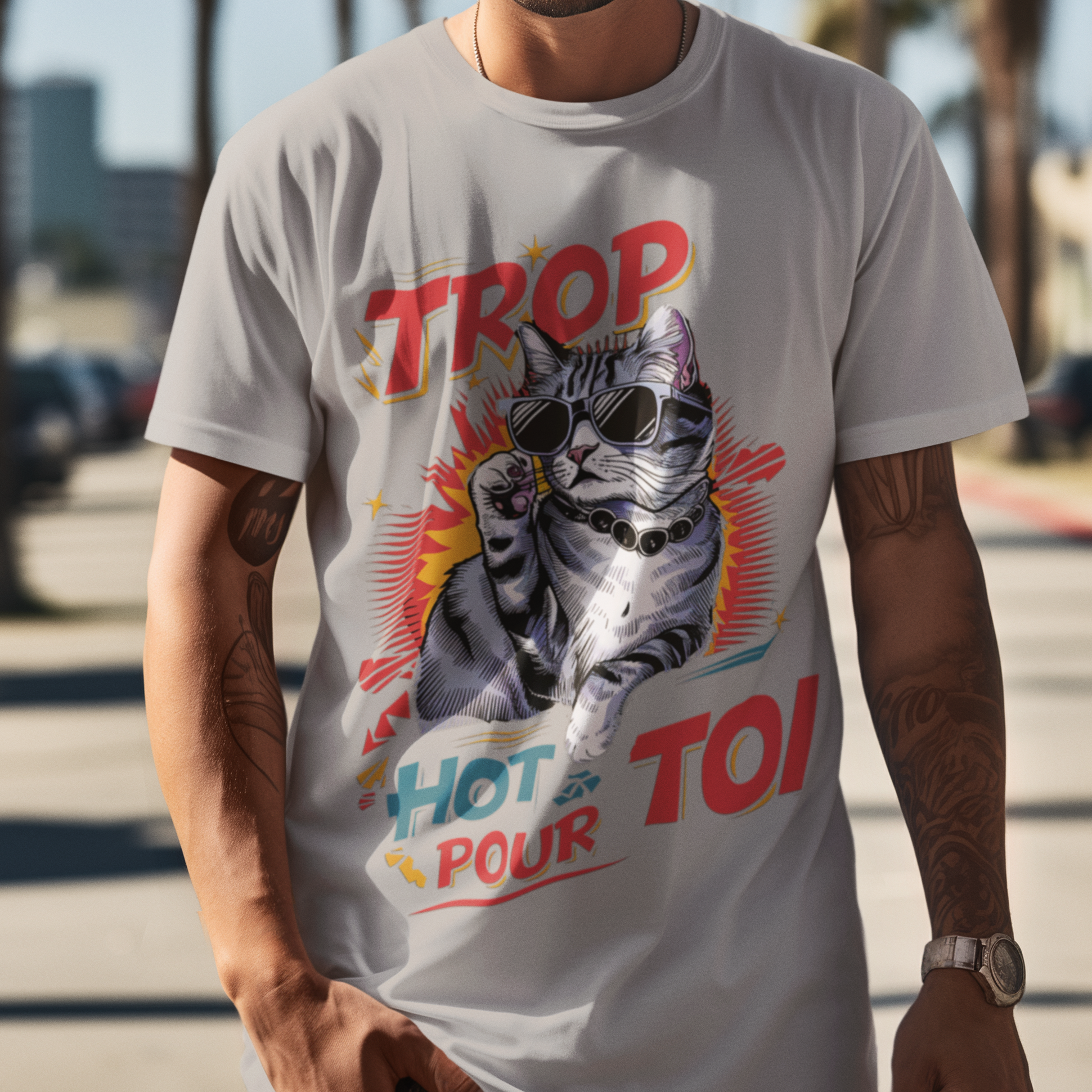 Picture of grey cat with glasses that says Trop Hot pour toi