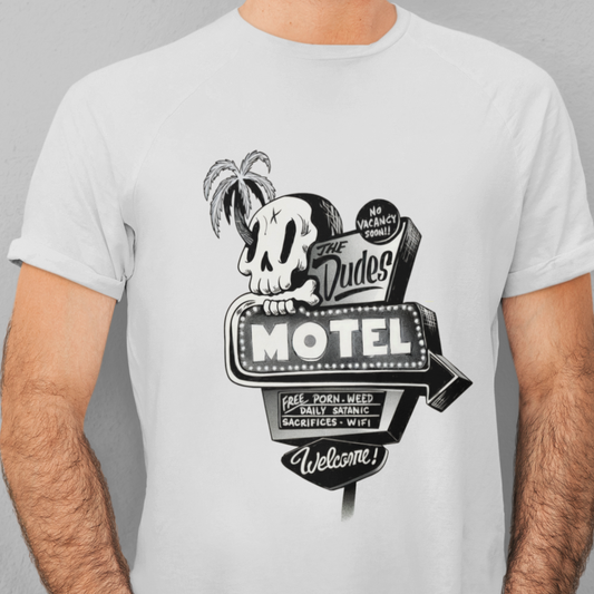 Graphic t-shirt with retro 'Dudes Motel' signage design