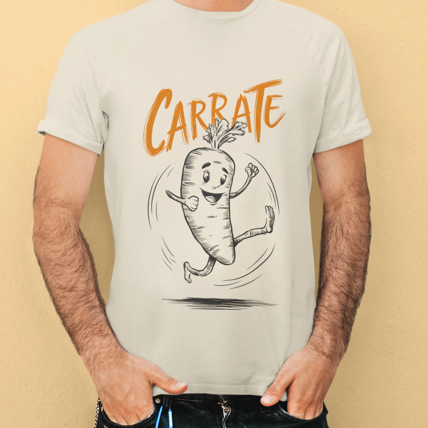 "Carrate Carrot T-Shirt - Orange unisex cotton tee featuring a humorous graphic of a carrot with 'Carrate' text, perfect for vegans and vegetable enthusiasts."