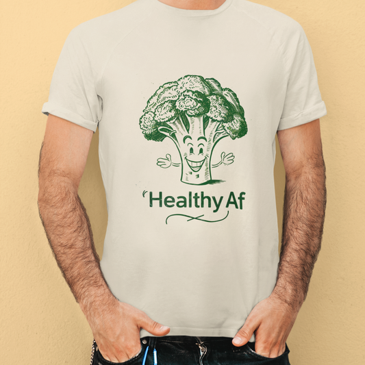 "Healthy AF Broccoli T-Shirt - Green unisex cotton tee featuring a humorous graphic of broccoli with 'Healthy AF' text, perfect for vegans and vegetable enthusiasts."