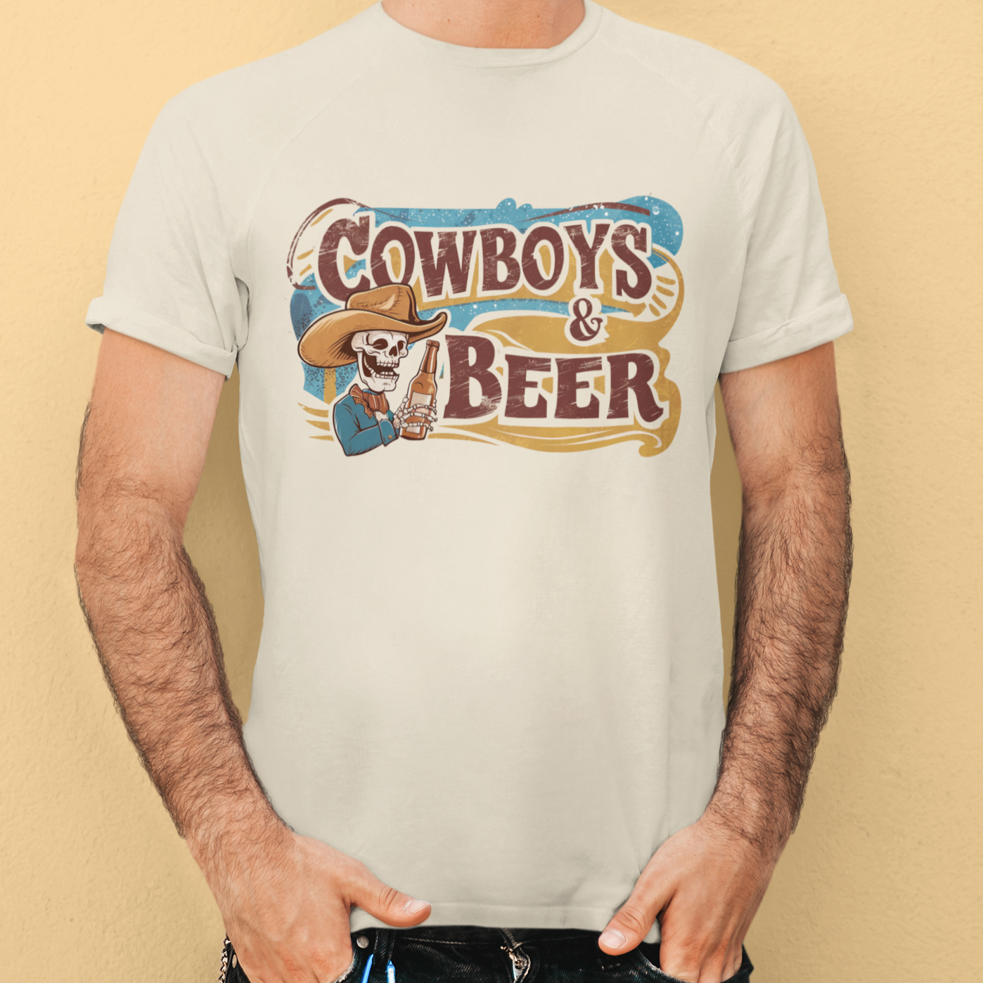 "Cowboys and Beer Skeleton T-Shirt - Black unisex cotton tee featuring a humorous graphic of a skeleton cowboy enjoying a beer, perfect for western enthusiasts."