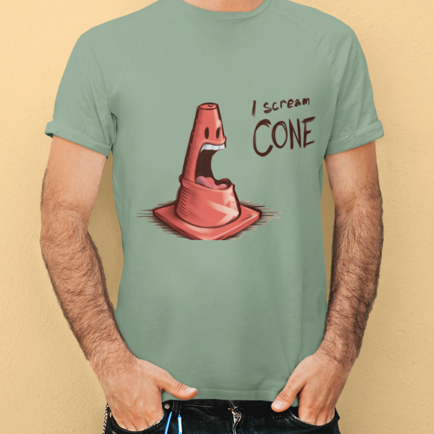 White t-shirt with colorful ice cream cone graphic and playful text 'I Scream Cone