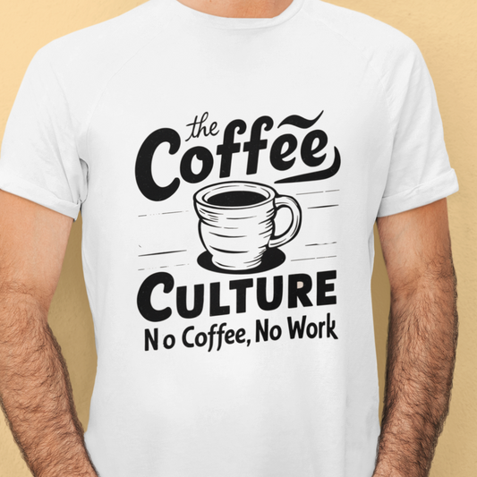 Coffee-themed graphic T-shirt featuring espresso cup and coffee beans design