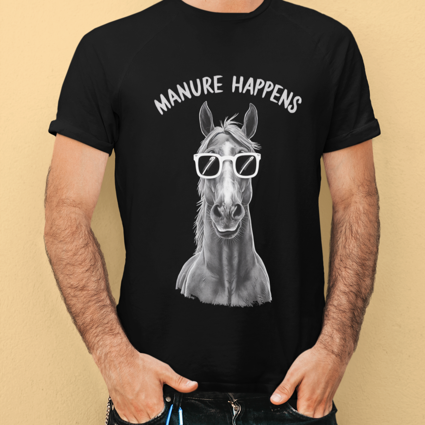 Manure Happens T-Shirt - Funny farm quote tee with 'Manure Happens' slogan printed on the front, available in multiple colors and sizes.