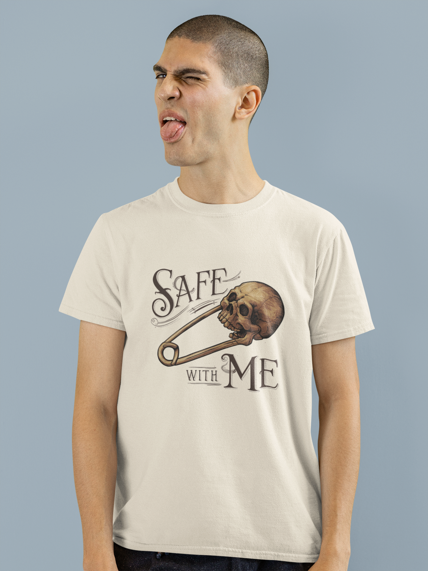 Close-up of the Safe with Me Skull Safety Pin T-Shirt, highlighting the detailed and striking graphic.