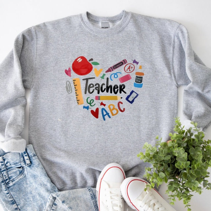 Teacher heart crew neck