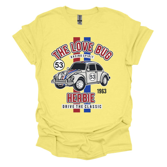 The Love Bug Car T-Shirt featuring a graphic of the iconic Herbie, the Love Bug. Made from high-quality cotton, available in various sizes, perfect for vintage car enthusiasts and movie fans.